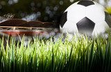 Close-up voetbal bij stadion gras