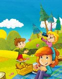 Vrolijk picknickbos met ontdekkende kinderen