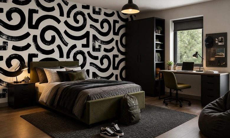 dynamische vormen in zwart wit grafiek fotobehang voor een tienerkamer fotobehang demural