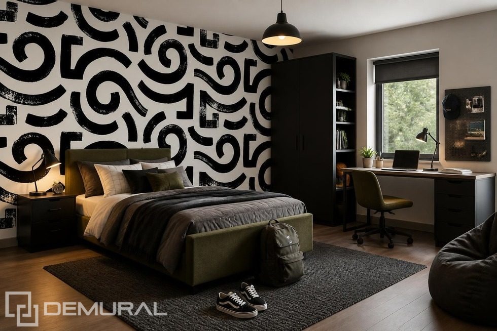 Dynamische vormen in zwart-wit grafiek Fotobehang voor een tienerkamer Fotobehang Demural