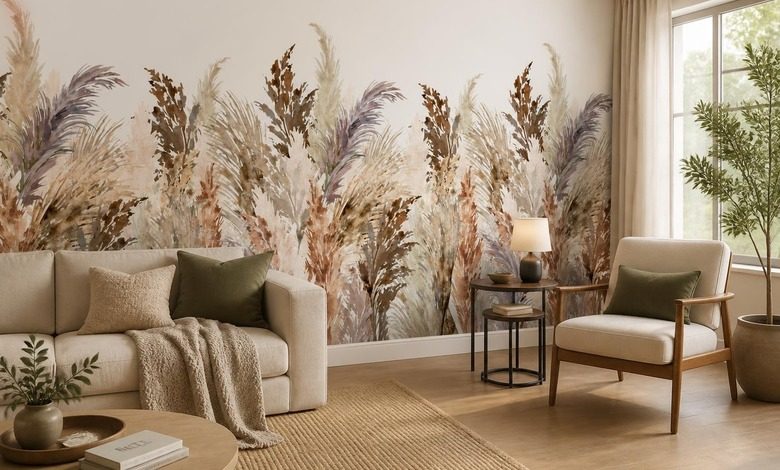 elegante decoratie met pampasgras fotobehang voor de woonkamer fotobehang demural