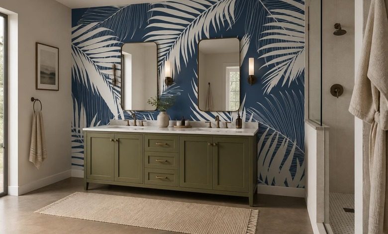 donkerblauwe achtergrond met wit palmbladmotief fotobehang voor de badkamer fotobehang demural