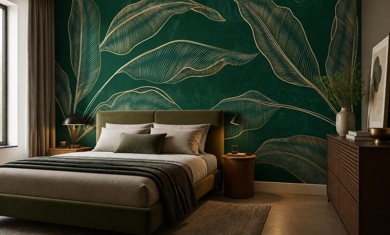 uitgestrekte compositie van gouden bladeren op een donkere achtergrond fotobehang voor de slaapkamer fotobehang demural