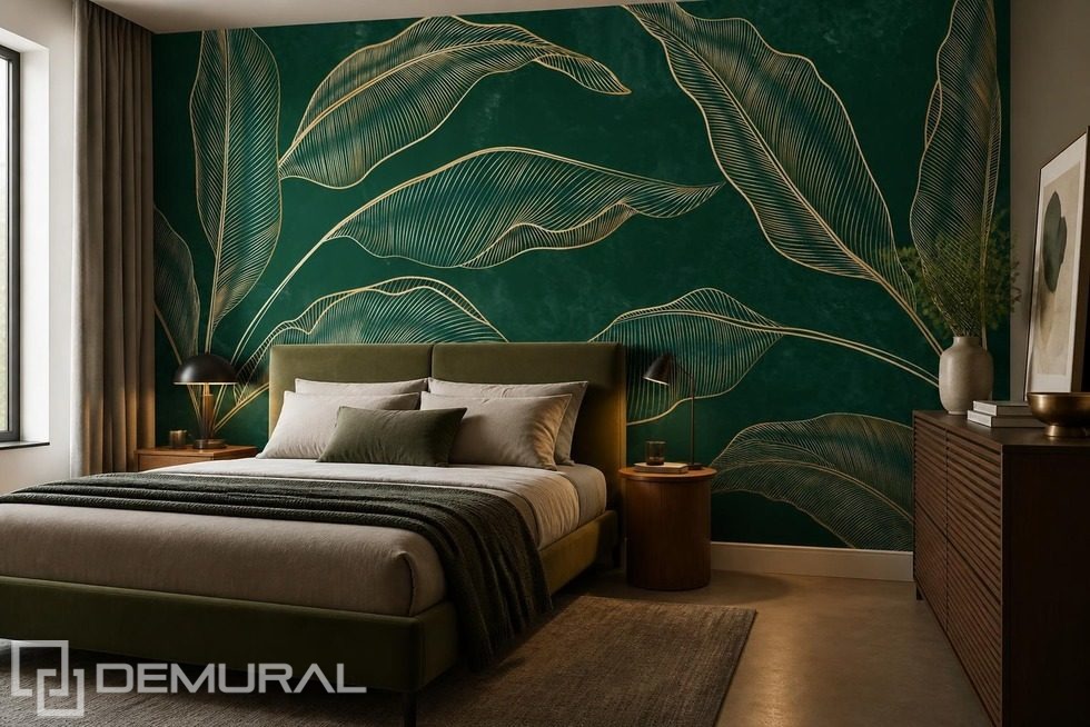 Uitgestrekte compositie van gouden bladeren op een donkere achtergrond Fotobehang voor de slaapkamer Fotobehang Demural