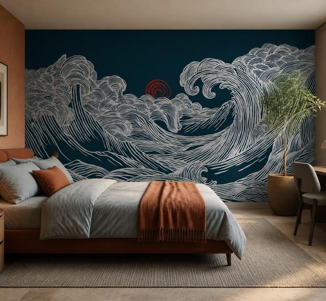 ondergaande zonlicht op een golvend motief fotobehang voor de slaapkamer fotobehang demural