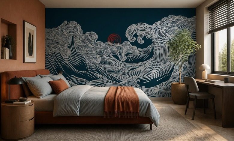 ondergaande zonlicht op een golvend motief fotobehang voor de slaapkamer fotobehang demural