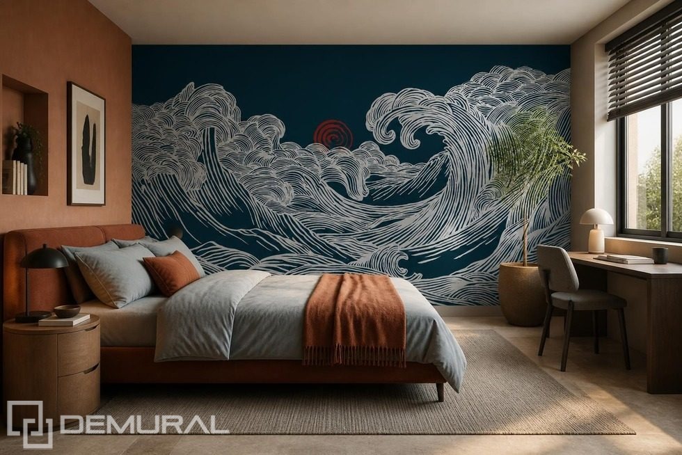 Ondergaande zonlicht op een golvend motief Fotobehang voor de slaapkamer Fotobehang Demural