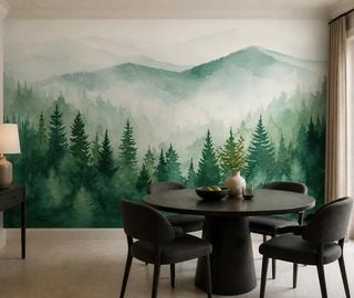 mistig panorama van een bergbos bos fotobehang fotobehang demural