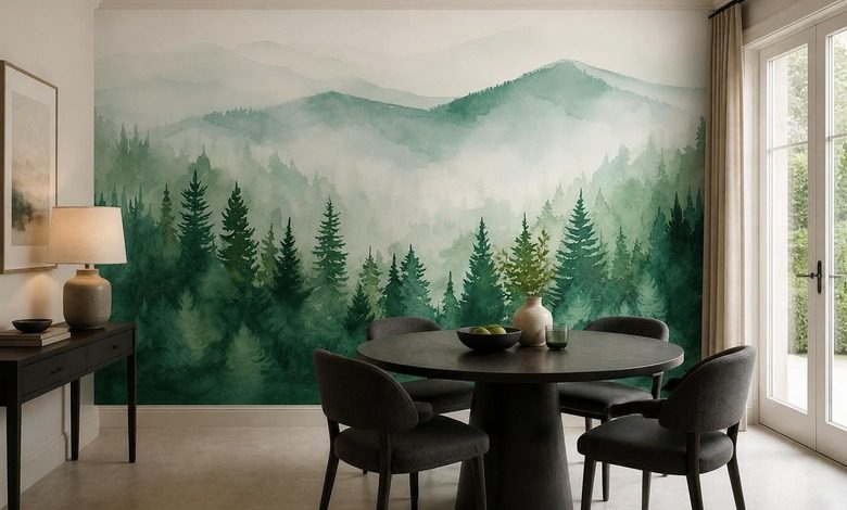 mistig panorama van een bergbos bos fotobehang fotobehang demural