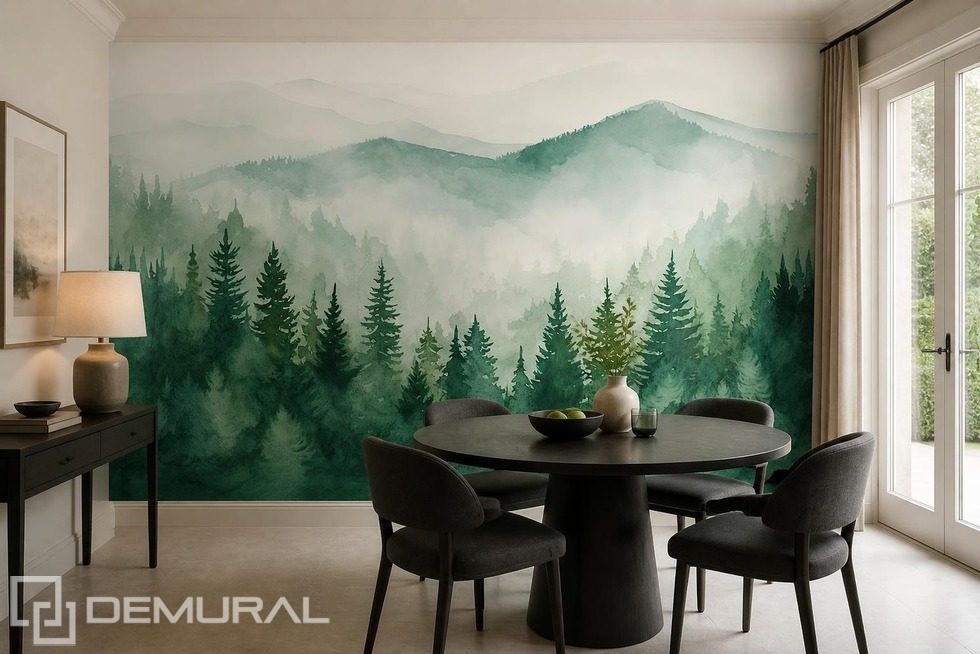 Mistig panorama van een bergbos Bos Fotobehang Fotobehang Demural