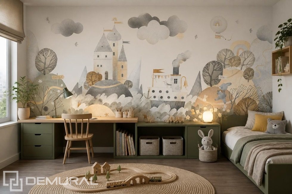 Zachte ritmes en een sprookjesachtig panorama op de muur Fotobehang voor de kinderkamer Fotobehang Demural