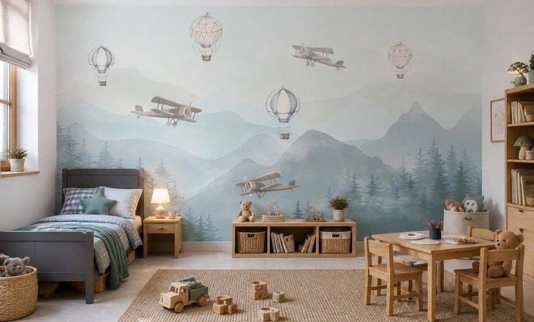 contrast van delicate ballonnen en berglandschap fotobehang voor de kinderkamer fotobehang demural