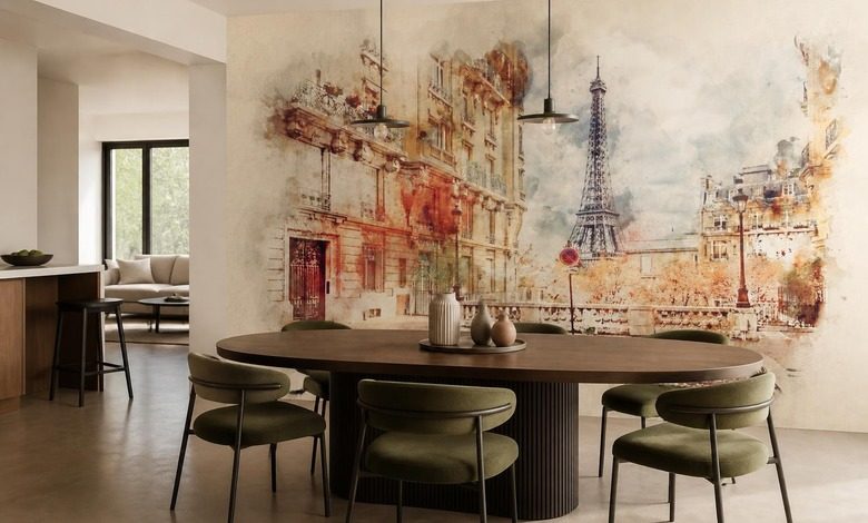de eiffeltoren en een parijse straat in aquareltonen eiffeltoren fotobehang fotobehang demural