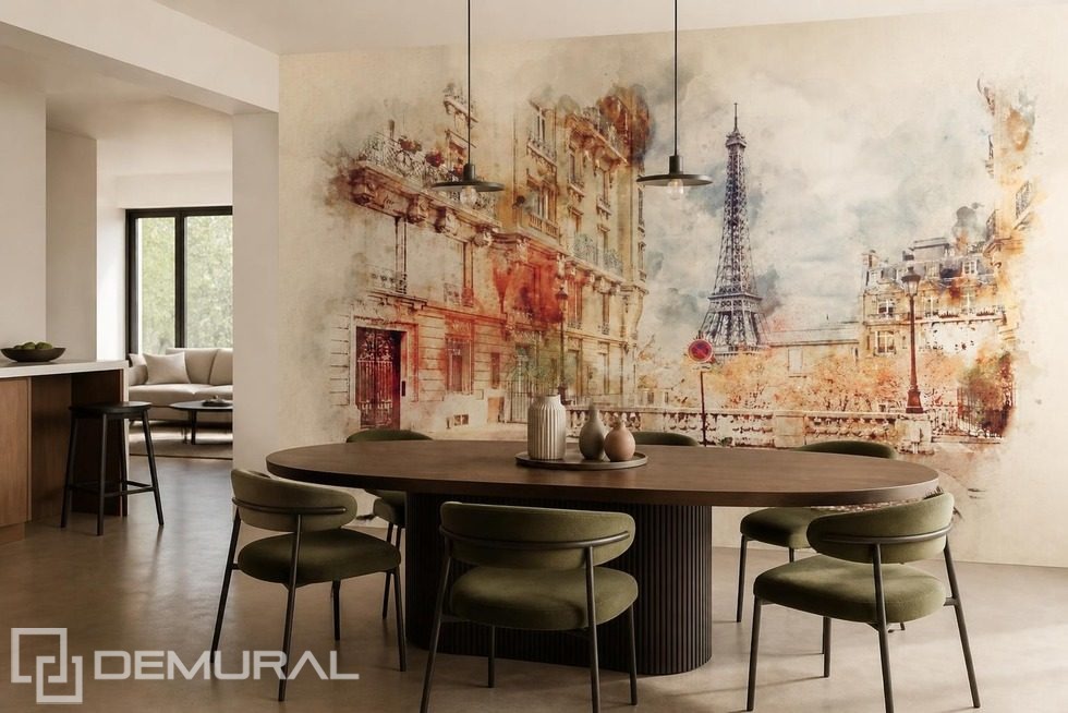 De Eiffeltoren en een Parijse straat in aquareltonen Eiffeltoren Fotobehang Fotobehang Demural