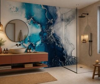 contrast van intens blauw en terracotta fotobehang voor de badkamer fotobehang demural