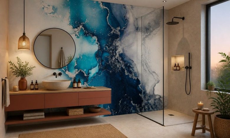 contrast van intens blauw en terracotta fotobehang voor de badkamer fotobehang demural