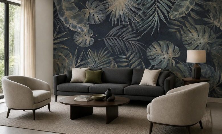 decoratieve plantexpressie op een donkere achtergrond fotobehang voor de woonkamer fotobehang demural