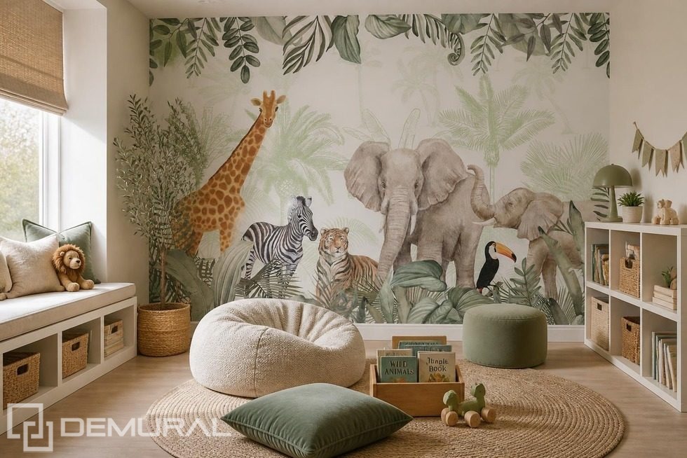 Decoratief junglemotief met wilde dieren Fotobehang voor de kinderkamer Fotobehang Demural