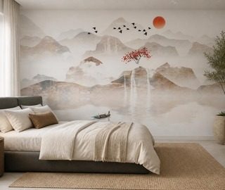 stille bergen met een rode hemel oosterse fotobehang fotobehang demural