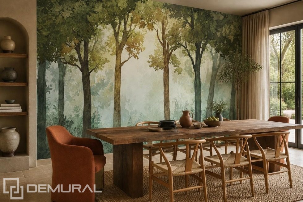 Bomen die een natuurlijk bos vormen Bos Fotobehang Fotobehang Demural