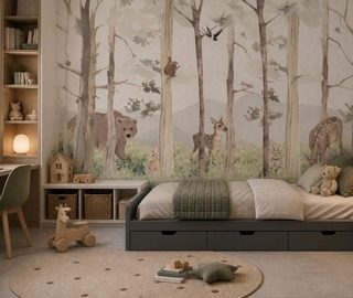 groen en beige in een boslandschap fotobehang voor de kinderkamer fotobehang demural
