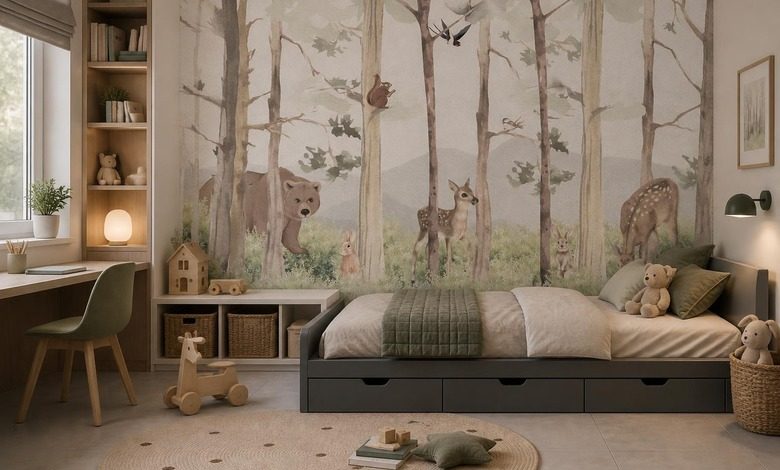 groen en beige in een boslandschap fotobehang voor de kinderkamer fotobehang demural