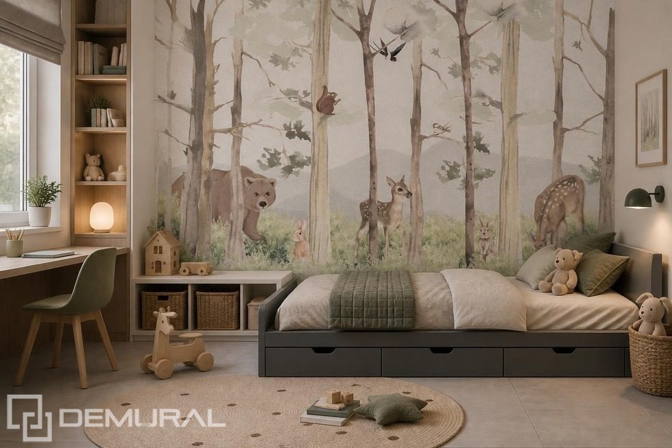 Groen en beige in een boslandschap Fotobehang voor de kinderkamer Fotobehang Demural