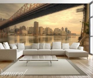 benken met new york bruggen fotobehang fotobehang demural