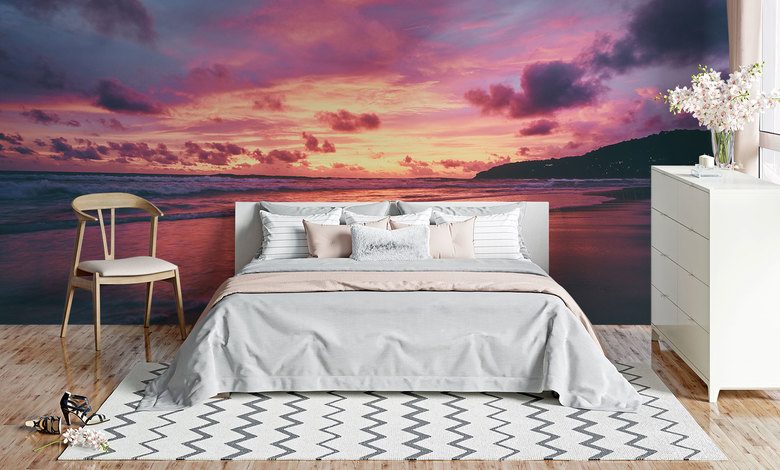 invasie van roze kleur bij zonsondergang fotobehang voor de slaapkamer fotobehang demural