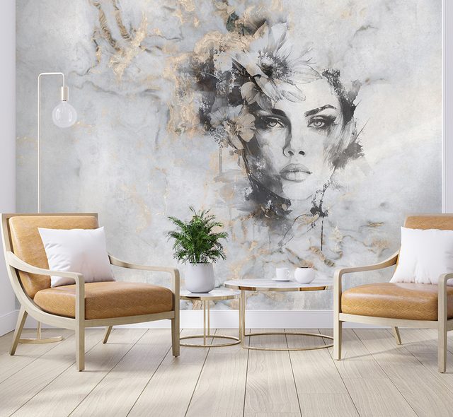 een vrouw gehuld in bloemen fotobehang voor een cafe fotobehang demural