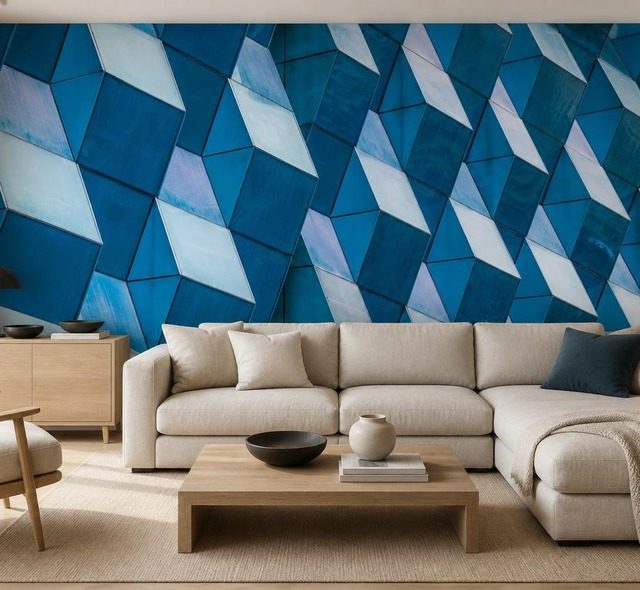 contrasterende geometrie van driedimensionale panelen in intensieve blauwtinten architectuur fotobehang fotobehang demural