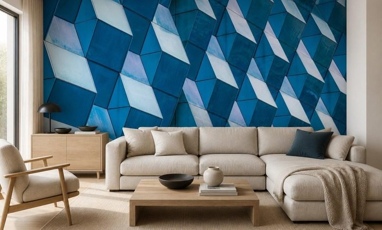 contrasterende geometrie van driedimensionale panelen in intensieve blauwtinten architectuur fotobehang fotobehang demural