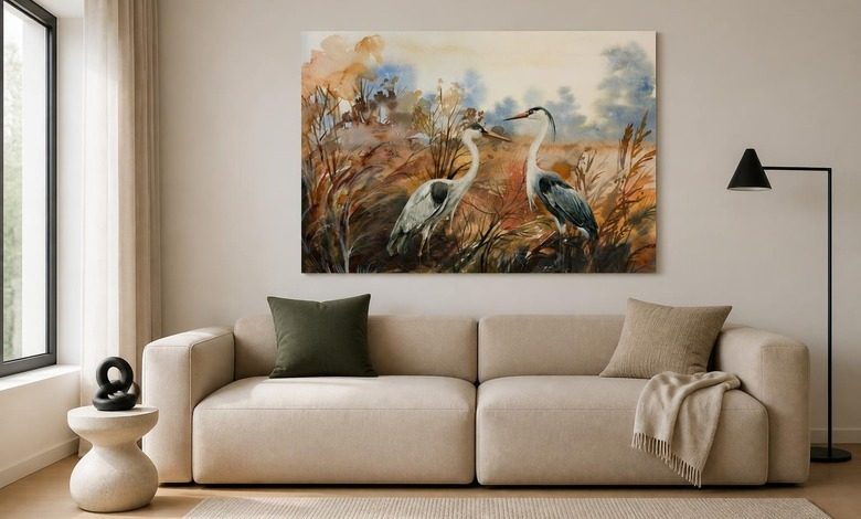 subtiel licht en natuurlijk kraanvogelmotief dieren canvas canvas demural