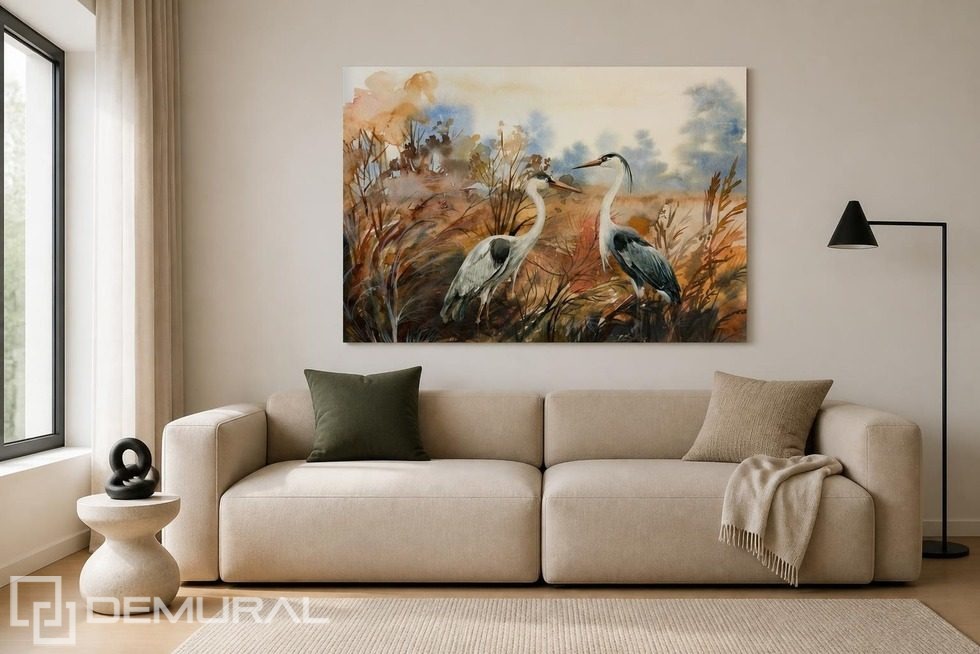 Subtiel licht en natuurlijk kraanvogelmotief Dieren Canvas Canvas Demural