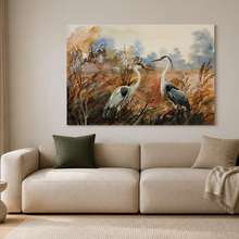 Subtiel-licht-en-natuurlijk-kraanvogelmotief-dieren-canvas-canvas-demural