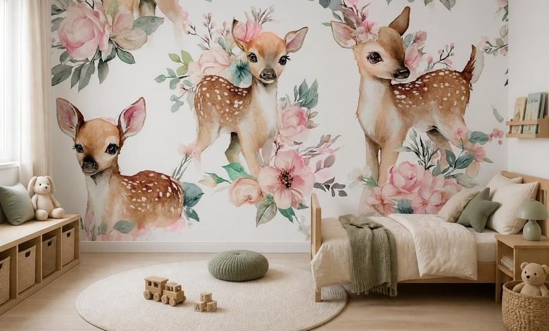 pastelkleurige harmonie van herten en bloemen fotobehang voor de kinderkamer fotobehang demural