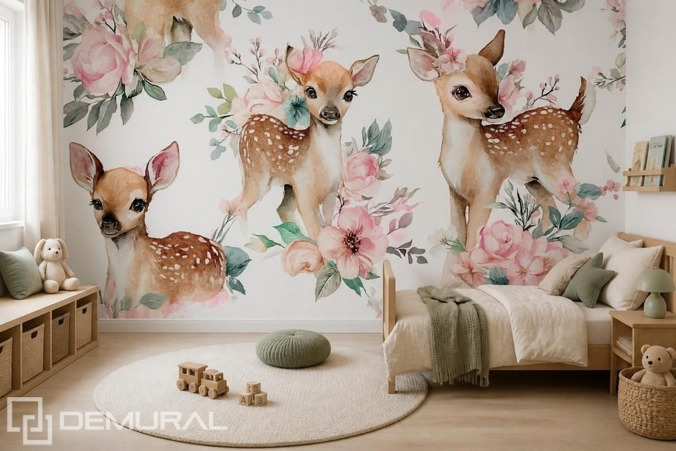 Pastelkleurige harmonie van herten en bloemen Fotobehang voor de kinderkamer Fotobehang Demural