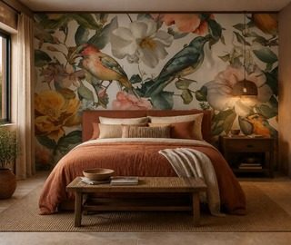 ruimtelijke compositie van vogels en bloemen fotobehang voor de slaapkamer fotobehang demural