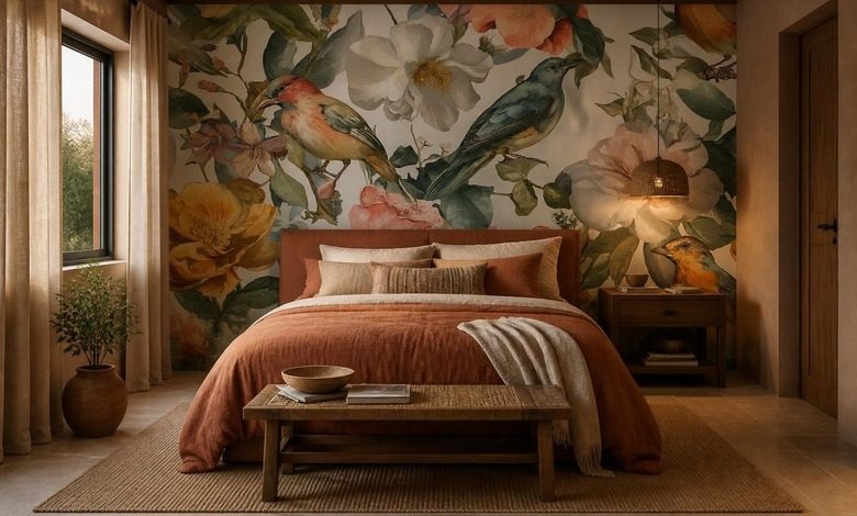 ruimtelijke compositie van vogels en bloemen fotobehang voor de slaapkamer fotobehang demural