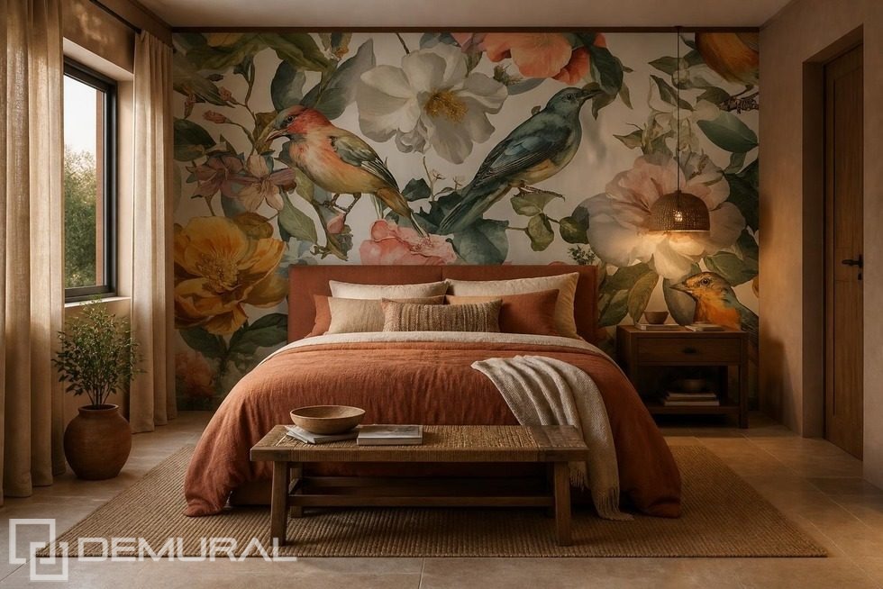 Ruimtelijke compositie van vogels en bloemen Fotobehang voor de slaapkamer Fotobehang Demural