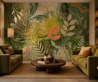 expressief contrast van groen en oranje fotobehang voor de woonkamer fotobehang demural