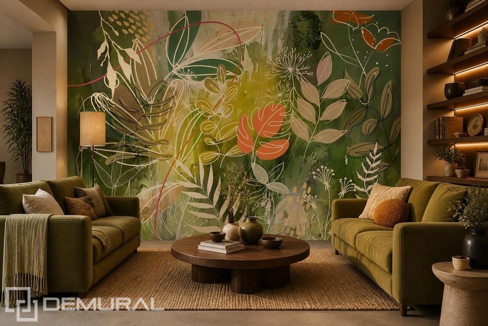 Expressief contrast van groen en oranje Fotobehang voor de woonkamer Fotobehang Demural