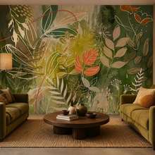 Expressief-contrast-van-groen-en-oranje-fotobehang-voor-de-woonkamer-fotobehang-demural