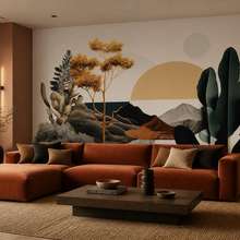 Contrast-tussen-warme-tinten-en-diep-groen-fotobehang-voor-de-woonkamer-fotobehang-demural