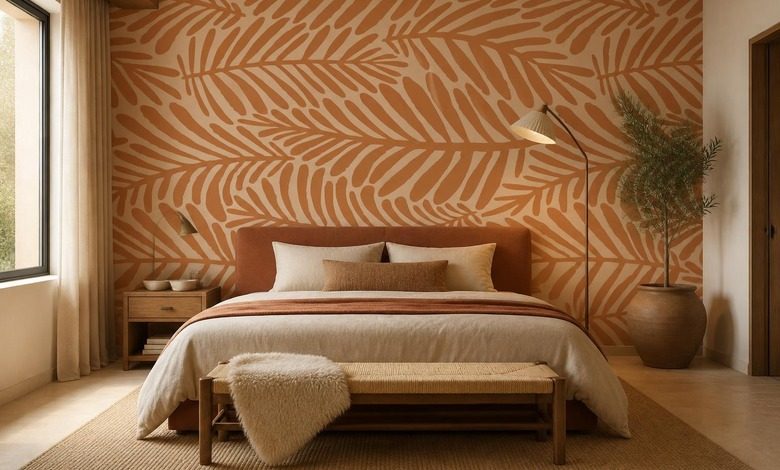 warme ritmes van een plantaardig motief op de muur fotobehang voor de slaapkamer fotobehang demural
