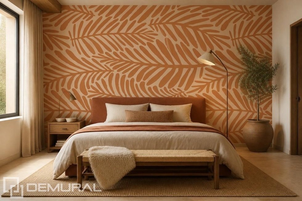 Warme ritmes van een plantaardig motief op de muur Fotobehang voor de slaapkamer Fotobehang Demural